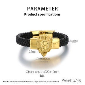 Detailed view of men's lion head bracelet made with gold stainless steel and cowhide leather