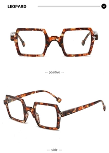 Detail view of square leopard print reading glasses showing front and side profile
