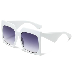 Fashionable square sunglasses with white frame and purple gradient lenses on white background
