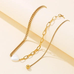 Asymmetric Mixed Link Chain Necklace Stainless Steel Heart Shell Pendant Imitation Artificial Pearl Tassel For Women
