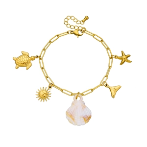 Böhmisches Gold-Edelstahl-Bettelarmband mit Meeresschildkröte, Seestern und Muschelanhängern