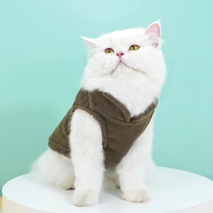 Close-up of a warm brown fleece vest on a white cat with soft lambskin texture