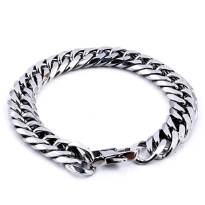 Polished silver stainless steel Cuban link bracelet with square spring clasp for men