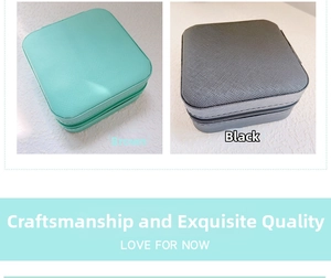 Square faux leather travel jewelry box with zipper in turquoise and dark grey colors