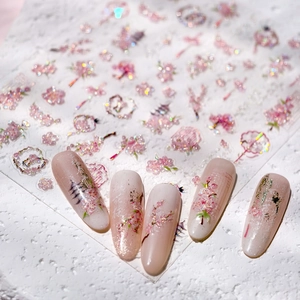 3D embossed cherry blossom nail art stickers with ancient Chinese architectural patterns