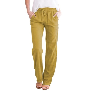 Détails du pantalon en coton et lin jaune gingembre avec taille élastique à cordon et poches