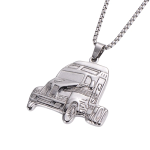 Vintage punk silver stainless steel truck pendant on a durable box chain necklace