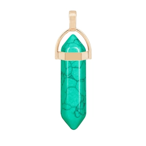 Close-up of hexagonal turquoise column pendant with rose gold bail on white background