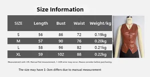 Size chart for brown vintage PU leather vest showing length, bust, and waist measurements