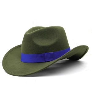 Detail of olive green felt cowboy hat featuring a contrasting bright blue ribbon band
