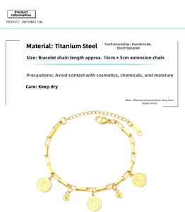 Detailed view of the 18k gold plated stainless steel coin bracelet with measurements