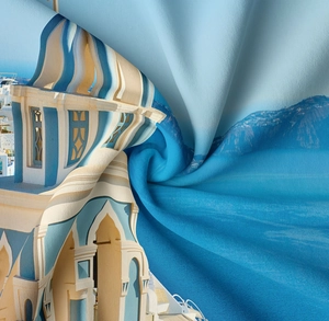 Detailed fabric texture of Santorini tapestry showing high-quality digital printing