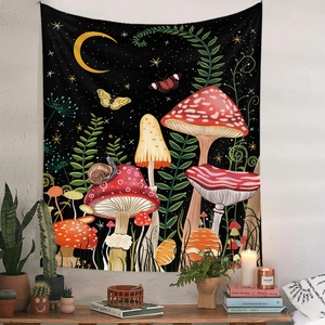Vintage mushroom forest tapestry with moon and stars for minimalist room wall decor