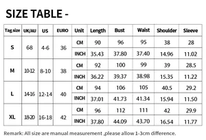 Tableau des tailles pour robe trapèze unie indiquant buste taille et longueur en CM et INCH