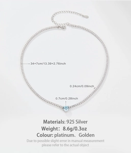 Detail view of 925 sterling silver necklace dimensions with blue heart zircon pendant