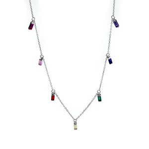 925 silver necklace with seven vibrant rectangular colorful zircon pendants on white background