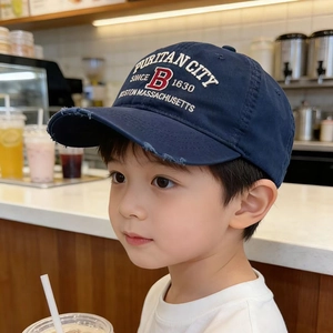 Distressed blue cotton baseball cap for kids with vintage letter B embroidery details