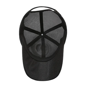 Interior view of black mesh baseball cap showing breathable structure and adjustable strap