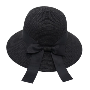 Elegant black wide-brimmed straw hat with a large silk ribbon bow for sun protection