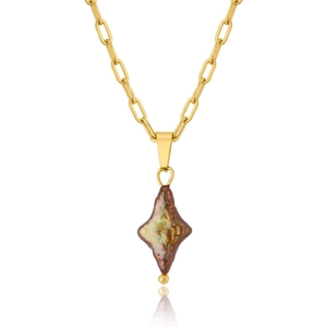 Golden chain necklace with irregular brown pearlescent pendant and small gold bead detail