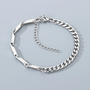 Detail of silver stainless steel Cuban link combined with rod chain and lobster clasp