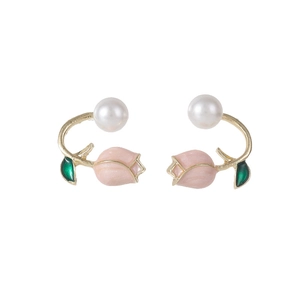 Elegant tulip pearl drop earrings with pink enamel flowers and 925 silver needles