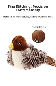 Detailed view of lifelike plush bird toy featuring fine stitching and glue-free craftsmanship