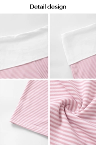 Detail design of striped pink fabric and wide white elastic waistband shown in macro view