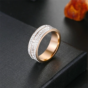 Close-up of rose gold stainless steel ring with three rows of sparkling micro-pave zircons