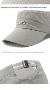 Detail of dark grey flat top sports cap with 9cm long brim and breathable mesh fabric