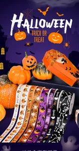 Detailed view of Halloween themed polyester ribbons with pumpkin and spider web patterns