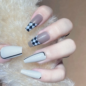Checkerboard Press On Nails Full Cover Long Trapezoid Coffin False Nails Simple Chic Reusable Wearable Manicure Tool