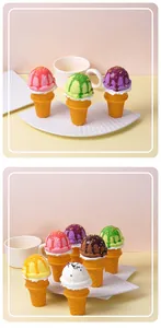 Macro shot of assorted PU fake ice cream cones with colorful syrup toppings and waffle texture