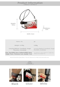 Size chart for kitchen knife shaped crossbody bag showing dimensions 18cm height and 36cm width