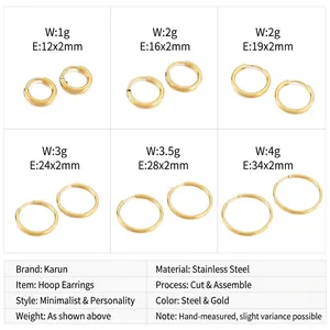 Size comparison chart for stainless steel hoop earrings in six different diameters
