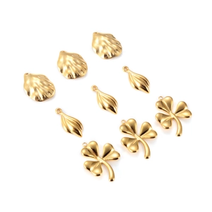 Detail of 18K gold stainless steel clover and leaf pendants for DIY jewelry making