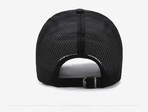 Detail of breathable mesh baseball cap with adjustable metal buckle on back