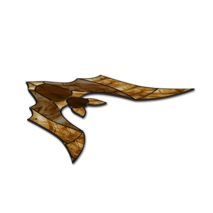 Detail of bat-shaped acrylic pendant with brown faux wood texture and metallic rivets