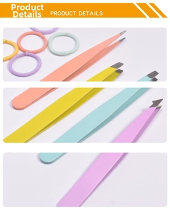 Detail of colorful stainless steel tweezers set with pointed and slanted tips in various colors