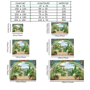 Size chart showing dimensions in cm and inches for various forest landscape tapestries