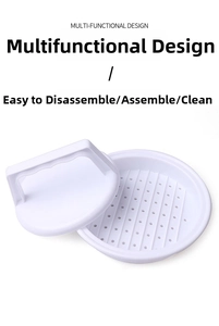 White plastic hamburger press with large handle and grid base, easy to disassemble and clean