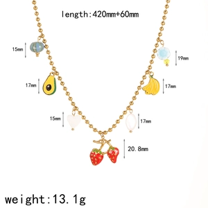 Gold beaded necklace with colorful fruit charms and detailed product measurements