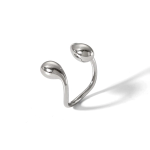 Detailed view of silver minimalist open ring with dual teardrop heads and polished finish