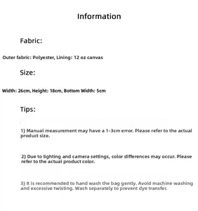 Polyester quilted cosmetic bag specifications showing size 26x18x5cm and fabric details
