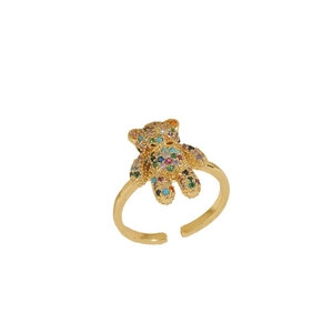 Exquisite golden teddy bear open ring featuring vibrant multi-color zircon stones