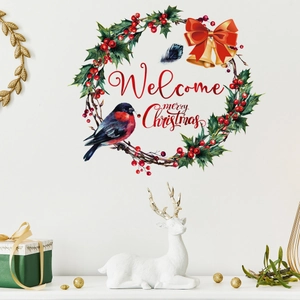 Christmas wreath wall sticker with golden bells and berries for holiday home decor