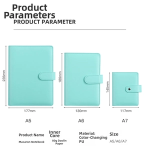 Detailed size chart showing A5, A6, and A7 macaron binder dimensions in millimeters