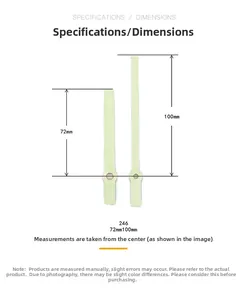 Detailed size chart for clock hands showing 72mm and 100mm dimensions with luminous green finish