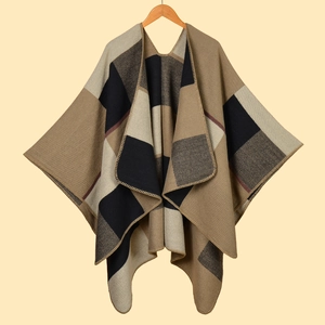 Women's Plaid Color Block Poncho Cape Warm Thick Knit Shawl Wrap Open Front Split Cardigan Jacket For Fall Winter Fashion