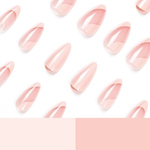 Pink gradient almond press-on nails with French heart design on white background
